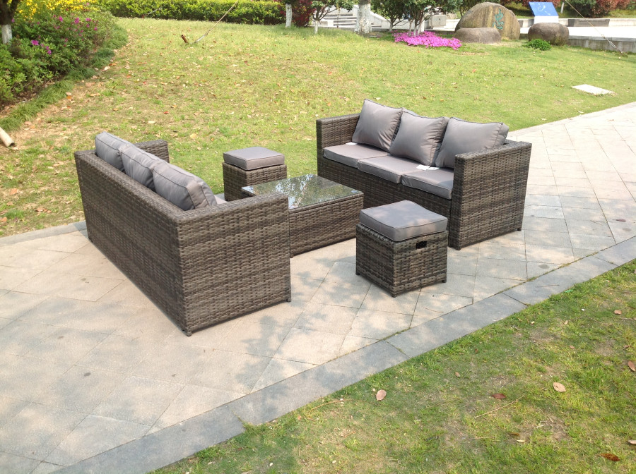 Click to view product details and reviews for Fimous Dark Grey Rattan Garden Outdoor Sofa Set Square Coffee Table Small Footstools 8 Seater.