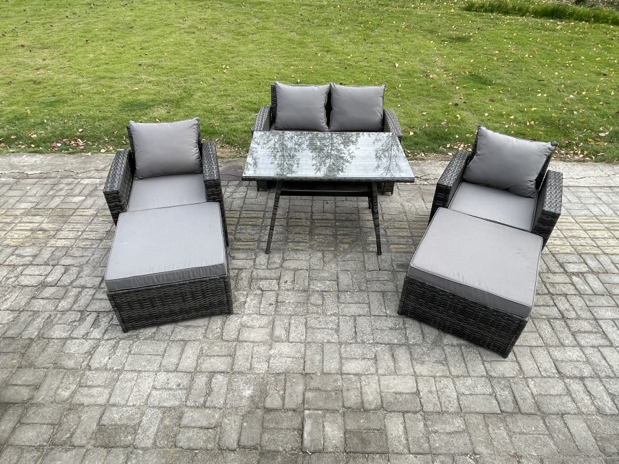 Click to view product details and reviews for Fimous Garden Dining Set Wicker Pe Rattan Outdoor Furniture Sofa With Rectangular Dining Table Double Seat Sofa 2 Big Footstool 2 Armchairs Dark Grey.