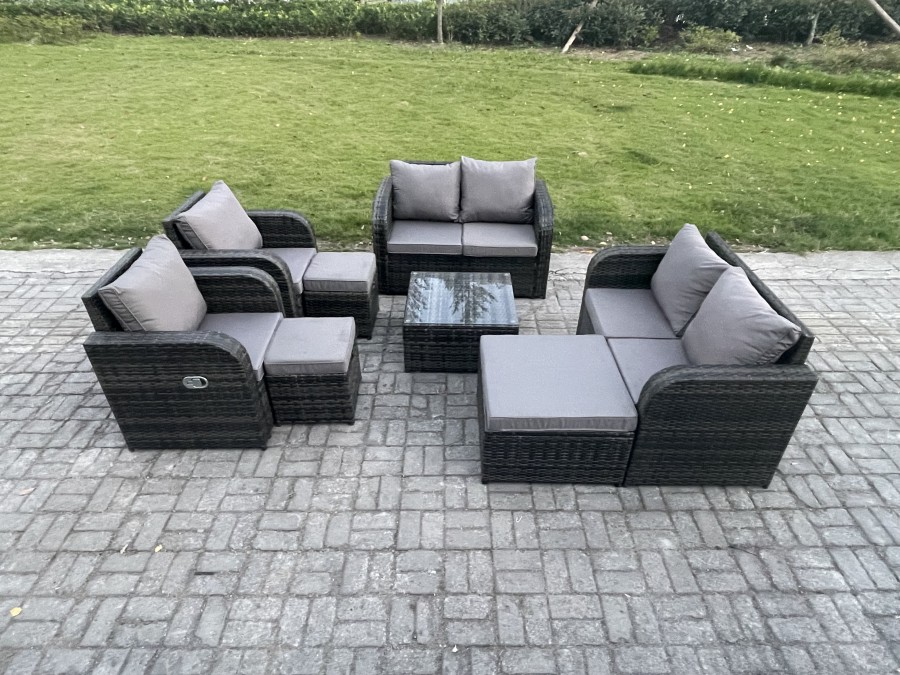Click to view product details and reviews for Fimous Garden Furniture Set Rattan Outdoor Lounge Sofa Chair With Tempered Glass Table 3 Footstools Dark Grey Mixed.