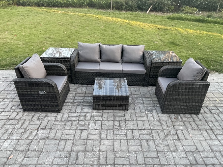 Click to view product details and reviews for Fimous Garden Furniture Sets 5 Seater Wicker Rattan Furniture Patio Sofa Sets With Reclining Chair 3 Seater Sofa 2 Side Tables Dark Grey Mixed.