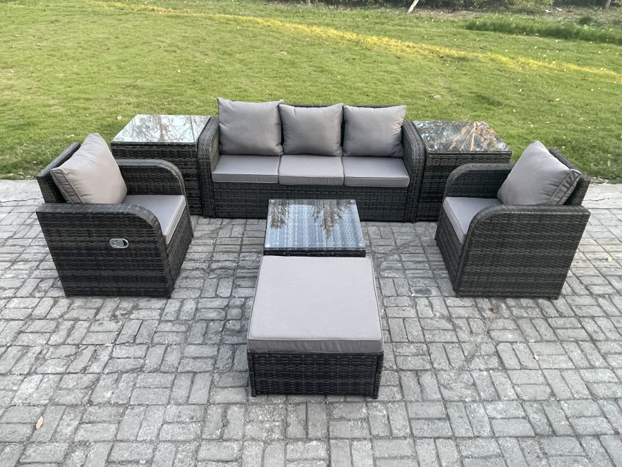 Click to view product details and reviews for Fimous Garden Furniture Sets 6 Pieces Wicker Rattan Furniture Patio Sofa Sets With Reclining Chair 3 Seater Sofa 2 Side Tables Big Footstool Dark Grey.