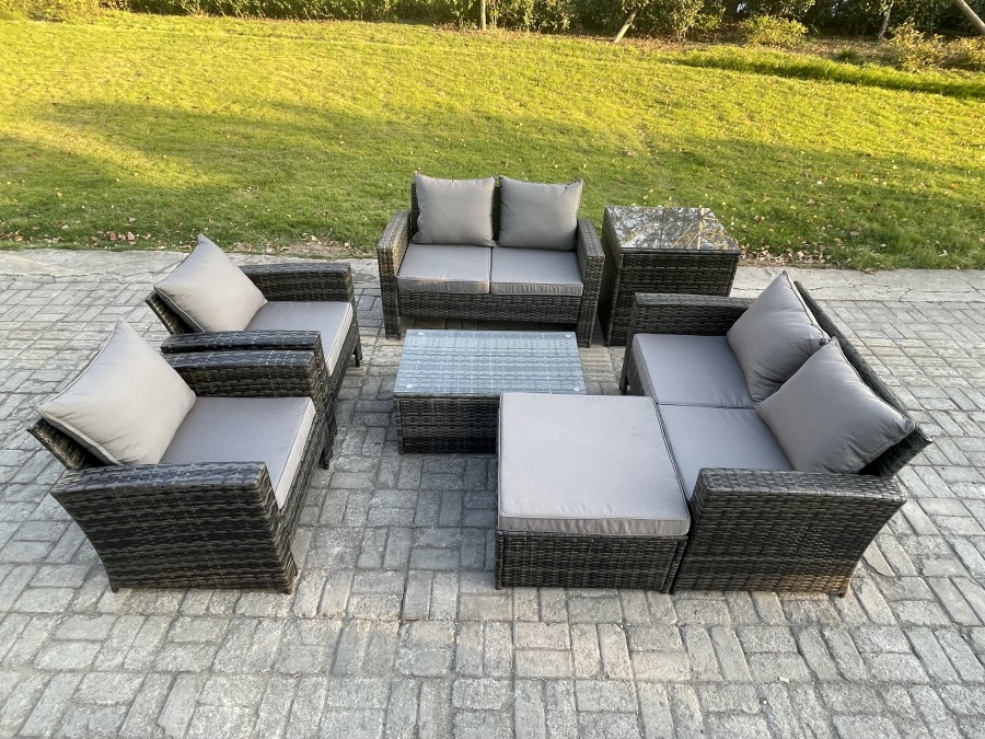 Click to view product details and reviews for Fimous Garden Furniture Sets 7 Pieces Outdoor Rattan Furniture Manual Wicker Patio Sofa Chair Set With Coffee Table Big Footstool Side Table Dark Grey.