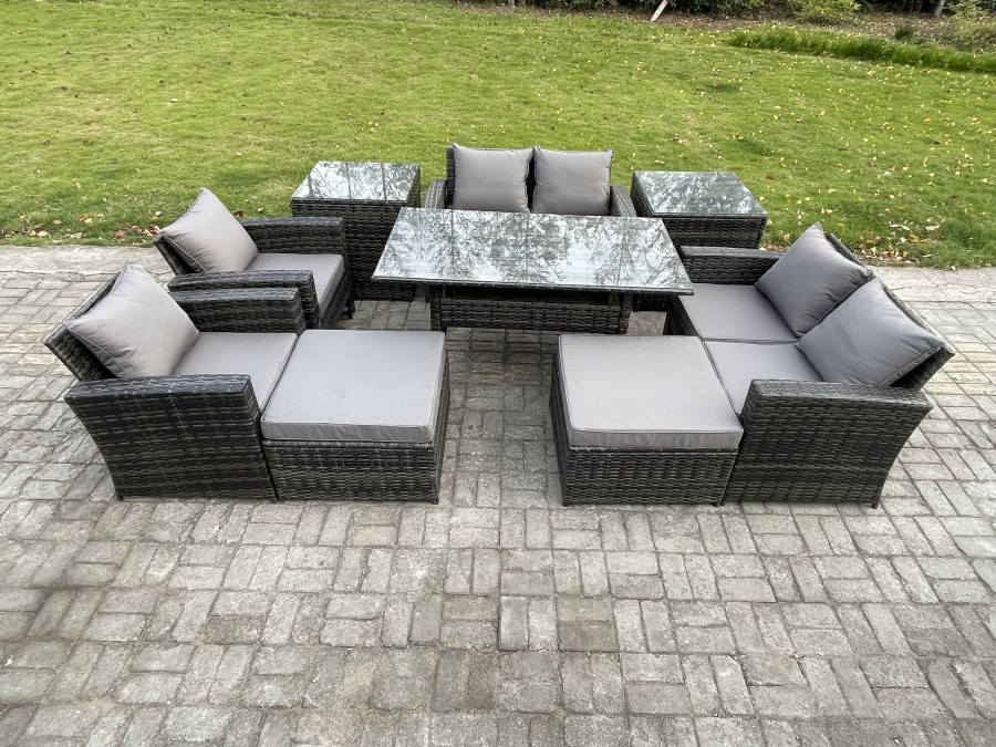 Click to view product details and reviews for Fimous Garden Furniture Sets 9 Pieces Rattan Furniture Handmade Wicker Patio Sofa Set With 2 Big Footstool 2 Side Tables Dark Grey Mixed.