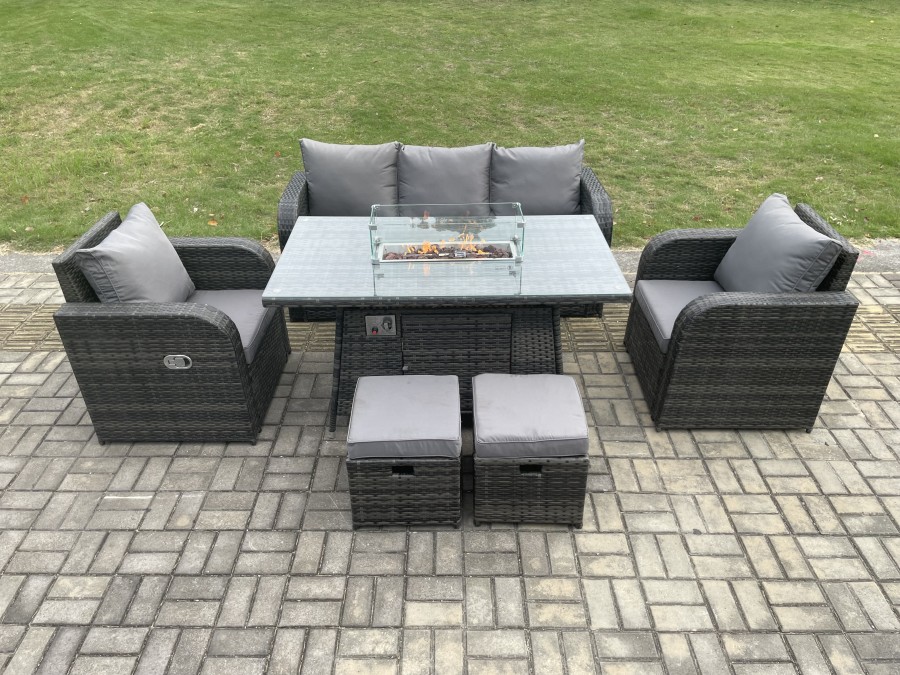 Click to view product details and reviews for Fimous Garden Patio Furniture Wicker Rattan Gas Fire Pit Table And Chair Set With 3 Seater Sofa 2 Small Footstools Dark Grey Mixed.