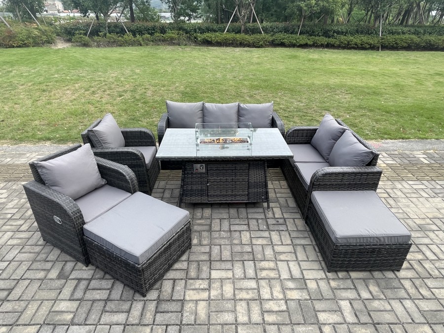Click to view product details and reviews for Fimous Garden Patio Furniture Wicker Rattan Gas Fire Pit Table And Sofa Chair Set With 2 Big Footstool.