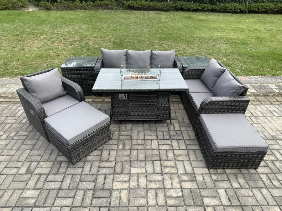 Click to view product details and reviews for Fimous Garden Patio Furniture Wicker Rattan Gas Fire Pit Table And Sofa Chair Set With 2 Side Tables 2 Big Footstool.