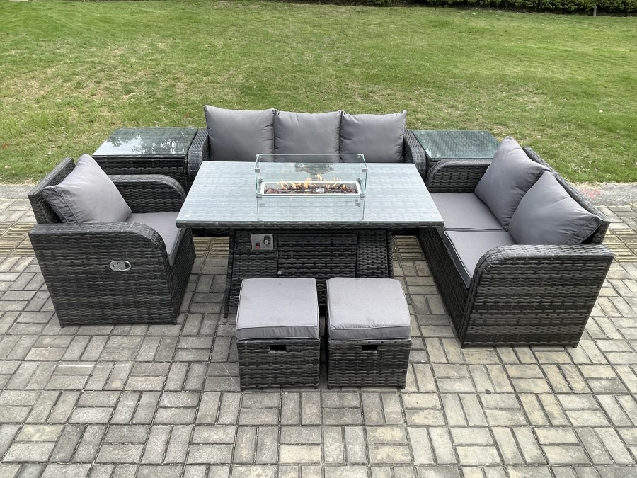 Click to view product details and reviews for Fimous Garden Patio Furniture Wicker Rattan Gas Fire Pit Table And Sofa Chair Set With 2 Side Tables 2 Small Footstool.