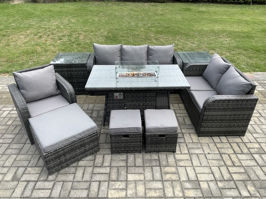 Click to view product details and reviews for Fimous Garden Patio Furniture Wicker Rattan Gas Fire Pit Table And Sofa Chair Set With 2 Side Tables 3 Footstool.