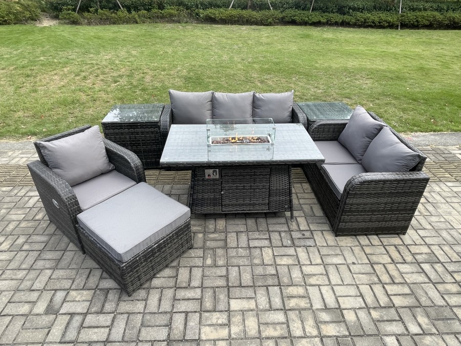 Click to view product details and reviews for Fimous Garden Patio Furniture Wicker Rattan Gas Fire Pit Table And Sofa Chair Set With 2 Side Tables Big Footstool.