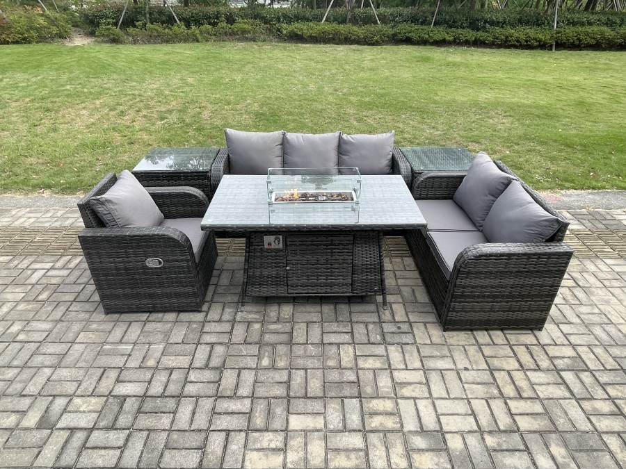 Click to view product details and reviews for Fimous Garden Patio Furniture Wicker Rattan Gas Fire Pit Table And Sofa Chair Set With 2 Side Tables.
