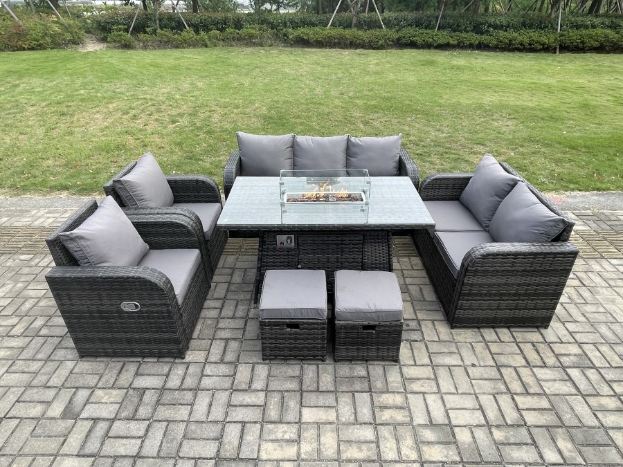 Click to view product details and reviews for Fimous Garden Patio Furniture Wicker Rattan Gas Fire Pit Table And Sofa Chair Set With 2 Small Footstools Dark Grey Mixed.