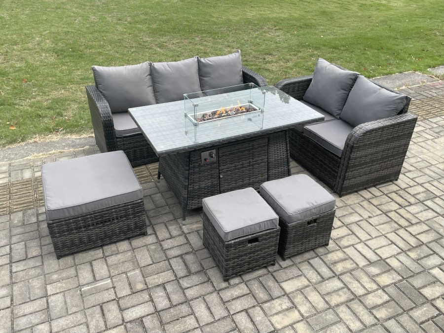 Click to view product details and reviews for Fimous Garden Patio Furniture Wicker Rattan Gas Fire Pit Table And Sofa Chair Set With 3 Footstools Dark Grey Mixed.
