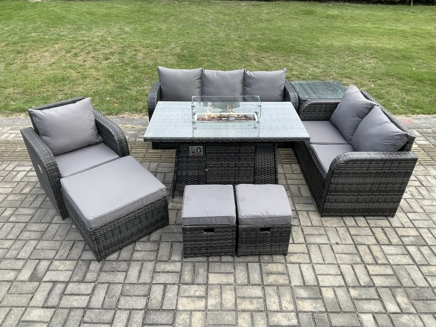 Click to view product details and reviews for Fimous Garden Patio Furniture Wicker Rattan Gas Fire Pit Table And Sofa Chair Set With Side Table 3 Footstool.