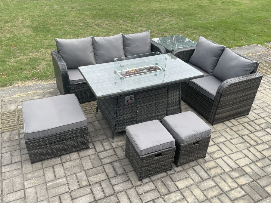 Click to view product details and reviews for Fimous Garden Patio Furniture Wicker Rattan Gas Fire Pit Table And Sofa Chair Set With Side Table 3 Footstools Dark Grey Mixed.