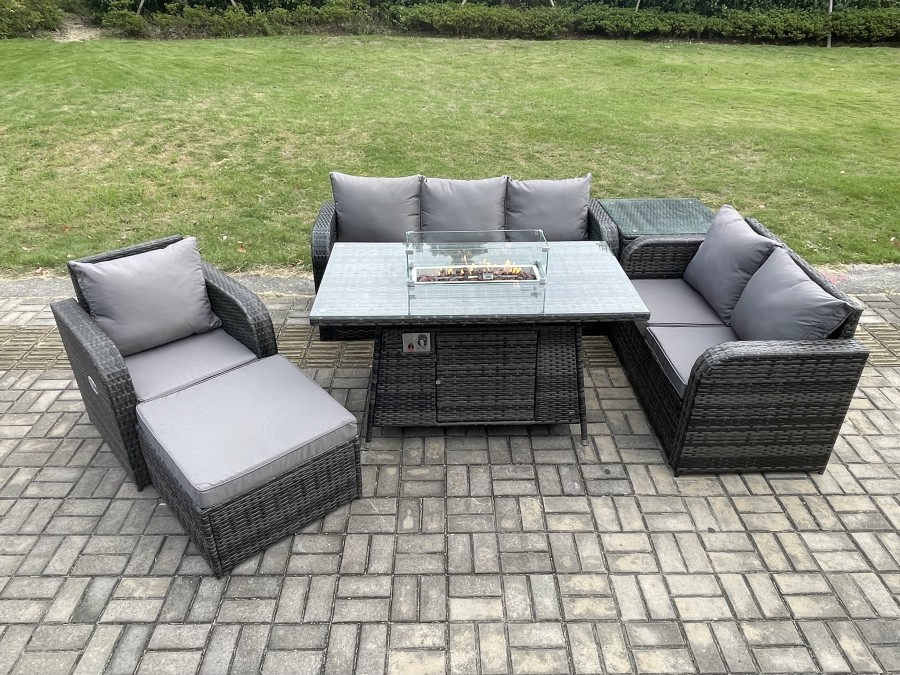 Click to view product details and reviews for Fimous Garden Patio Furniture Wicker Rattan Gas Fire Pit Table And Sofa Chair Set With Side Table Big Footstool.