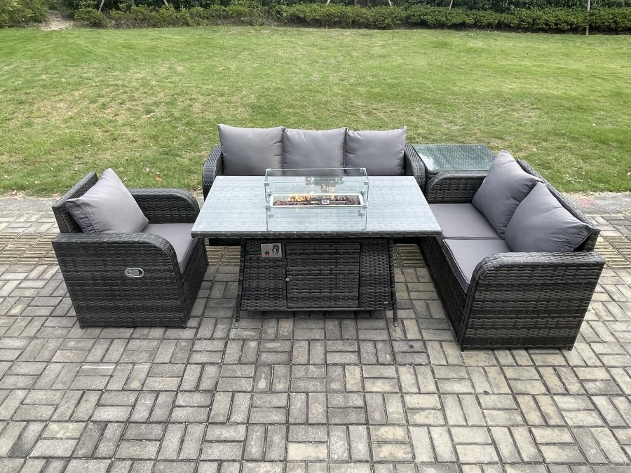 Click to view product details and reviews for Fimous Garden Patio Furniture Wicker Rattan Gas Fire Pit Table And Sofa Chair Set With Side Table.