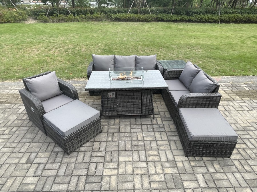 Click to view product details and reviews for Fimous Garden Patio Furniture Wicker Rattan Gas Fire Pit Table And Sofa Chair Set With Side Tables 2 Big Footstool.