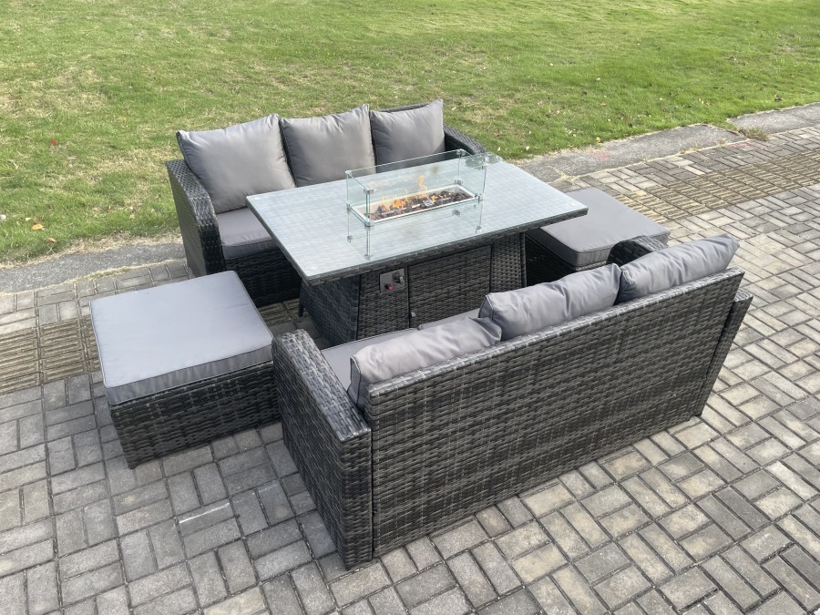 Click to view product details and reviews for Fimous Garden Patio Furniture Wicker Rattan Gas Fire Pit Table And Sofa Set With 2 Big Footstool.