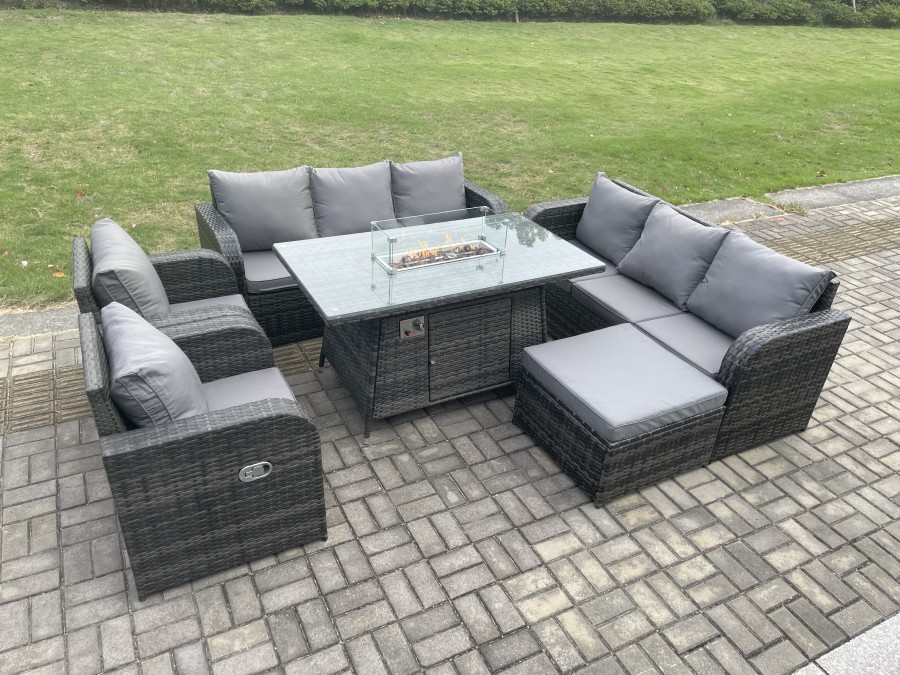 Click to view product details and reviews for Fimous Garden Patio Furniture Wicker Rattan Gas Fire Pit Table And Sofa Set With Recling Chair Big Footstool.