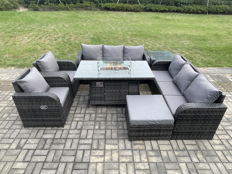 Click to view product details and reviews for Fimous Garden Patio Furniture Wicker Rattan Gas Fire Pit Table And Sofa Set With Recling Chair Side Table Big Footstool.