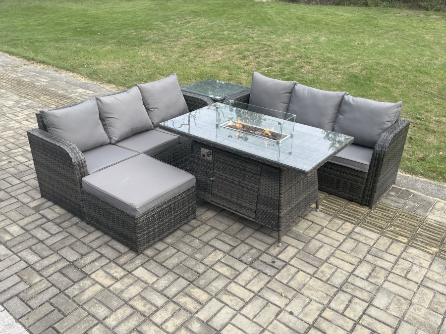 Click to view product details and reviews for Fimous Garden Patio Furniture Wicker Rattan Gas Fire Pit Table And Sofa Set With Side Table Big Footstool.