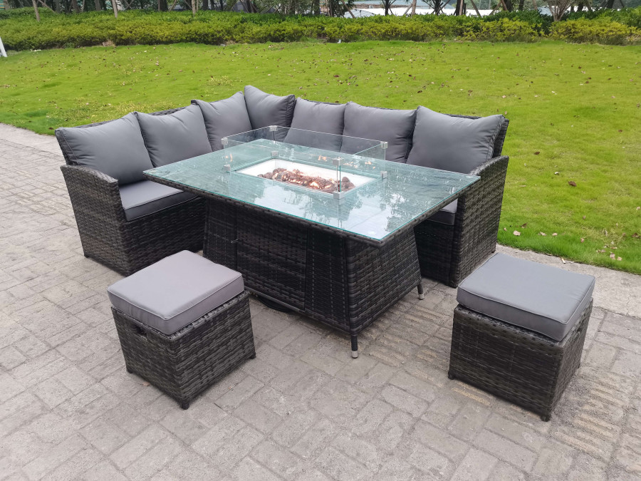 Click to view product details and reviews for Fimous High Back Corner Rattan Garden Furniture Sofa Gas Fire Pit Gas Heater Dining Table Sets 8 Seater 2 Small Footstools.