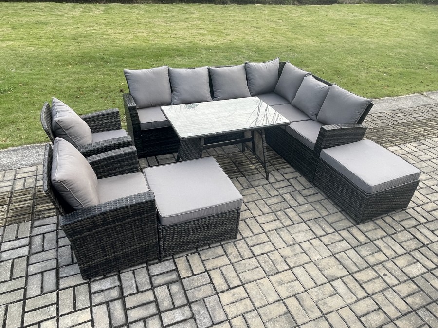 Click to view product details and reviews for Fimous High Back Outdoor Garden Furniture Set Rattan Corner Sofa Dining Table Set With 2 Armchairs 2 Big Footstool 10 Seater Dark Grey Mixed.