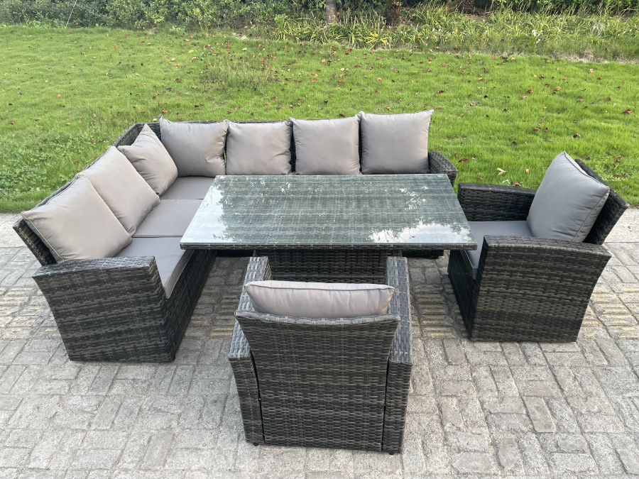 Click to view product details and reviews for Fimous High Back Pe Rattan Corner Sofa Set Garden Furniture Adjustable Rising Lifting Table Set With 2 Armchair.