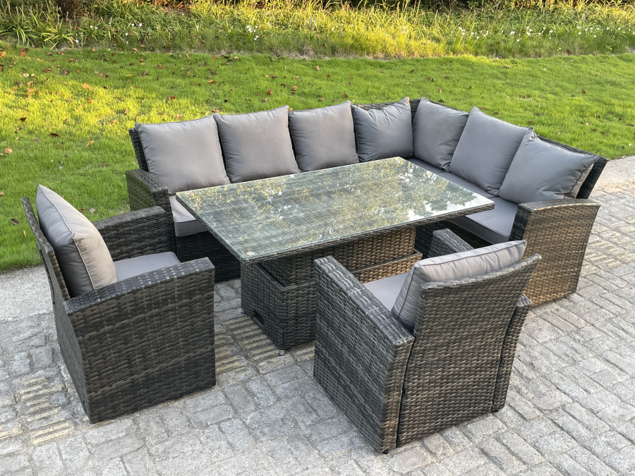 Click to view product details and reviews for Fimous High Back Pe Rattan Corner Sofa Set Garden Furniture Adjustable Rising Lifting Table Set With 2 Chair.