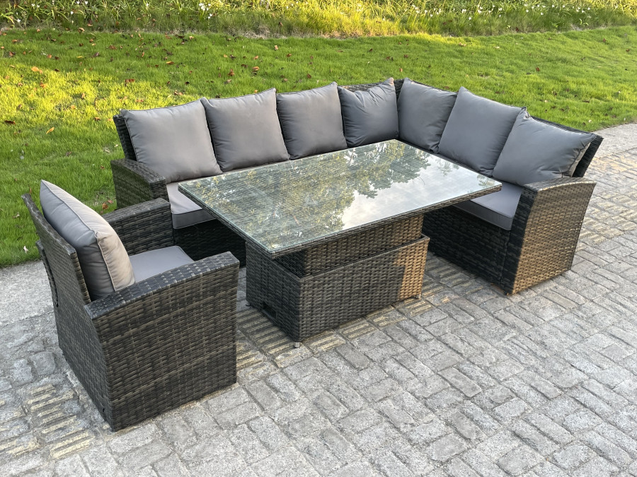 Fimous High Back Pe Rattan Corner Sofa Set Garden Furniture Adjustable Rising Lifting Table Set With Armchair
