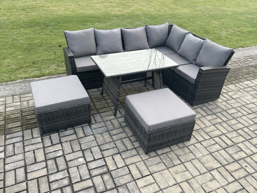 Click to view product details and reviews for Fimous Outdoor Furniture Garden Dining Set Rattan Corner Sofa Set Rectangular Dining Table With Temper Glass 2 Big Footstool Dark Grey Mixed.