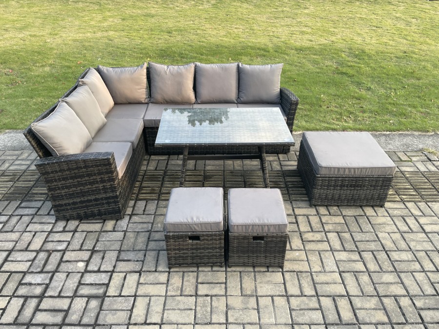 Click to view product details and reviews for Fimous Outdoor Furniture Garden Dining Set Rattan Corner Sofa Set With Rectangular Dining Table 3 Footstools Dark Grey Mixed.