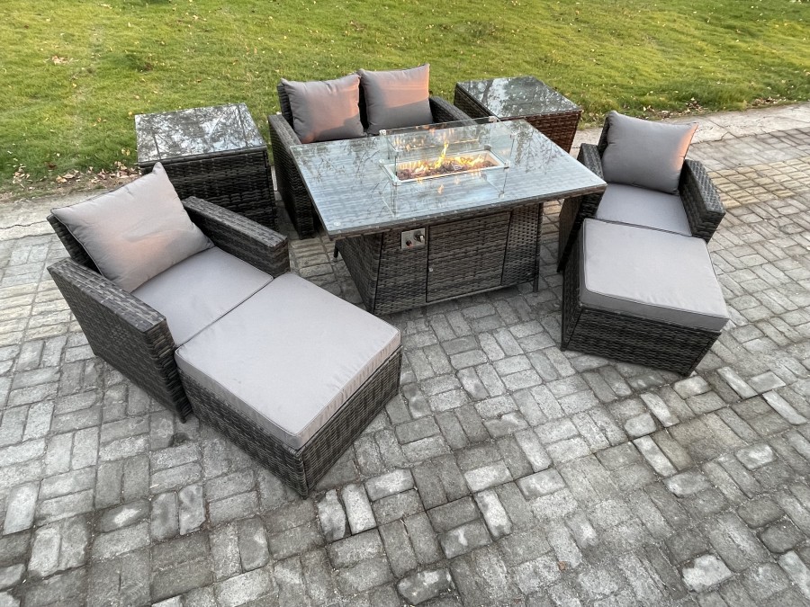 Click to view product details and reviews for Fimous Outdoor Garden Dining Sets 6 Seater Rattan Patio Furniture Sofa Set With Gas Firepit Table 2 Big Footstool 2 Side Tables Dark Grey Mixed.