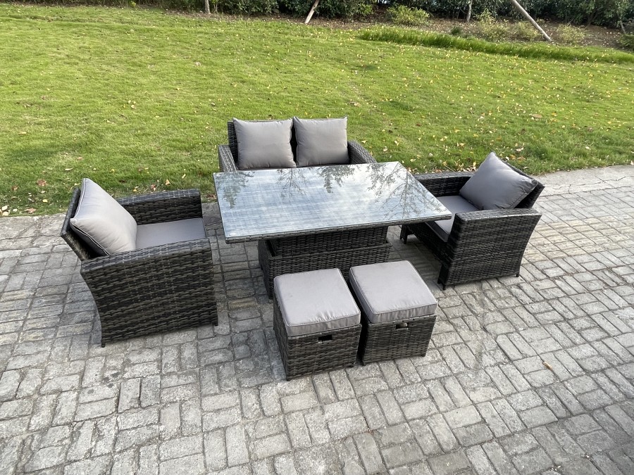 Click to view product details and reviews for Fimous Outdoor Garden Dining Sets 6 Seater Rattan Patio Furniture Sofa Set With Rising Lifting Table 2 Small Footstool Dark Grey Mixed.