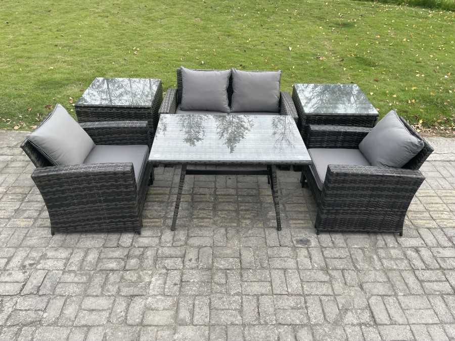 Click to view product details and reviews for Fimous Outdoor Garden Furniture High Back Rattan Sofa Dining Table Set With 2 Side Tables Dark Grey Mixed.