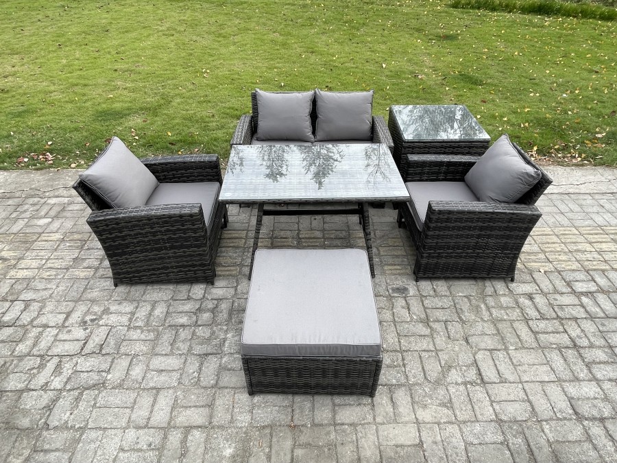 Click to view product details and reviews for Fimous Outdoor Garden Furniture High Back Rattan Sofa Dining Table Set With Big Footstool Side Table Dark Grey Mixed.