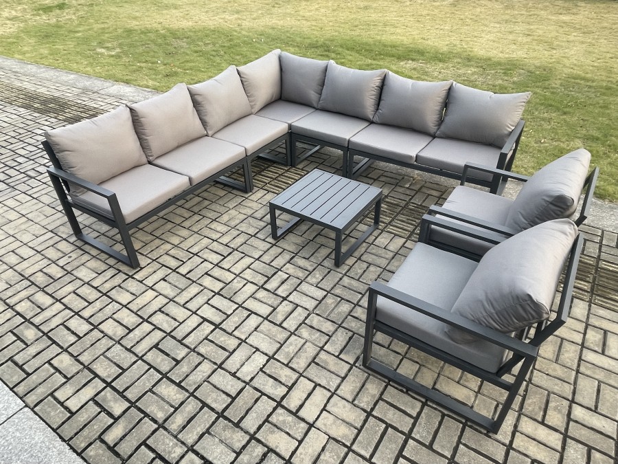 Click to view product details and reviews for Fimous Outdoor Garden Furniture Patio Lounge Corner Sofa Aluminium Set With Square Coffee Table 2 Pcs Arm Chairs Dark Grey.
