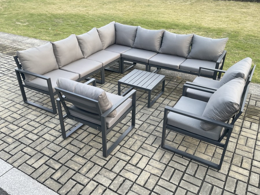 Click to view product details and reviews for Fimous Outdoor Garden Furniture Patio Lounge Corner Sofa Aluminium Set With Square Coffee Table 3 Pcs Arm Chairs Dark Grey.