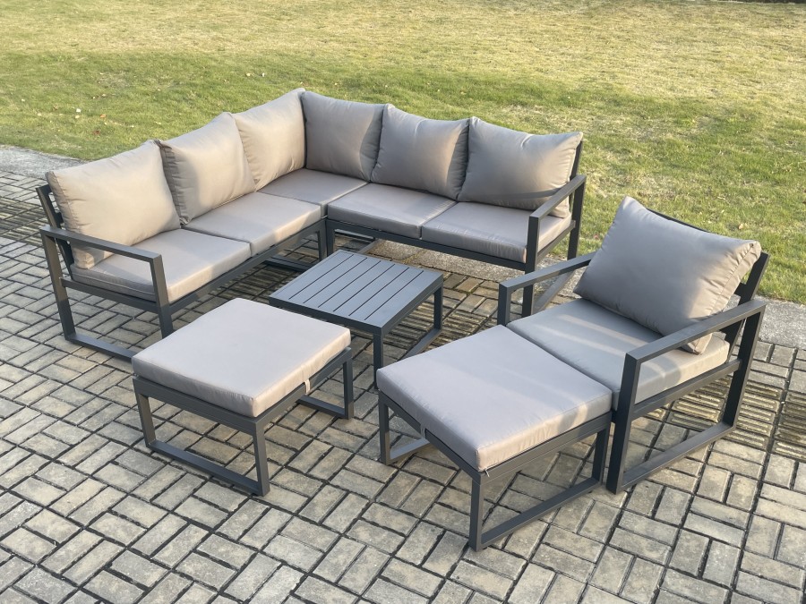 Click to view product details and reviews for Fimous Outdoor Garden Furniture Set Aluminium Lounge Sofa Square Coffee Table Sets With Chair 2 Big Footstools Indoor Conservatory Set Dark Grey.