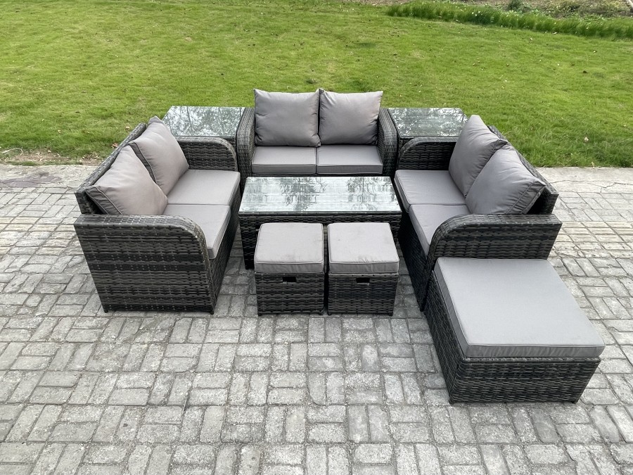 Click to view product details and reviews for Fimous Outdoor Garden Furniture Sets 9 Pieces Wicker Rattan Furniture Sofa Sets With Rectangular Coffee Table Love Seat Sofa 3 Footstools 2 Side Table.