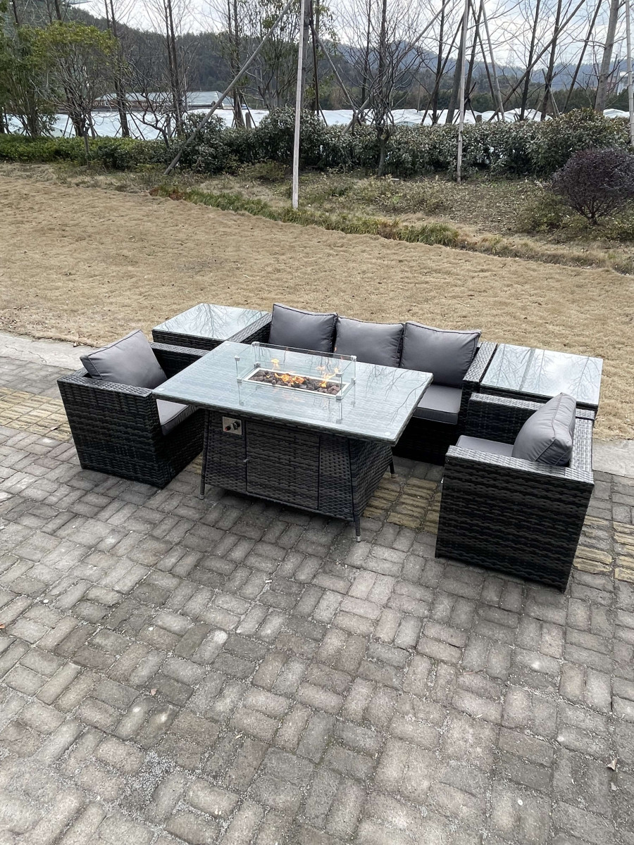 Click to view product details and reviews for Fimous Outdoor Lounge Rattan Sofa Set Garden Furniture Gas Firepit Set Dining Table Patio Heater 2 Chair 2 Coffee Table Dark Grey Mixed.
