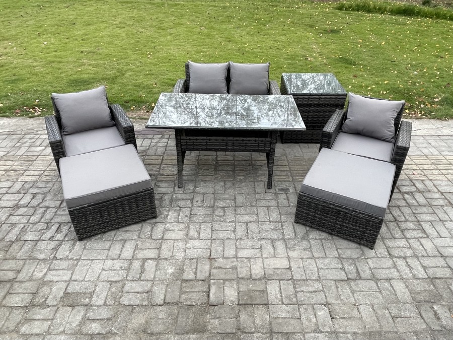Click to view product details and reviews for Fimous Outdoor Lounge Sofa Garden Furniture Set Rattan Rectangular Dining Table With Double Seat Sofa Armchair 2 Big Footstool Side Table 6 Seater Dar.