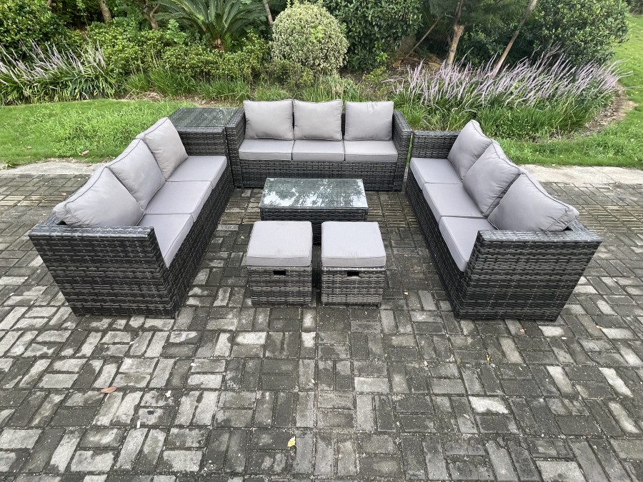 Click to view product details and reviews for Fimous Outdoor Lounge Sofa Set Wicker Pe Rattan Garden Furniture Set With Oblong Coffee Table Side Table 2 Small Footstools Dark Grey Mixed.