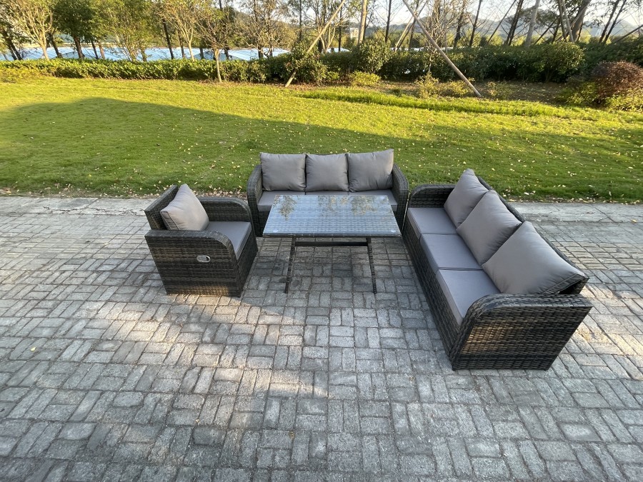 Click to view product details and reviews for Fimous Outdoor Lounge Sofa Set Wicker Pe Rattan Garden Furniture Set With Rectangular Dining Table Reclining Chair Dark Grey Mixed.