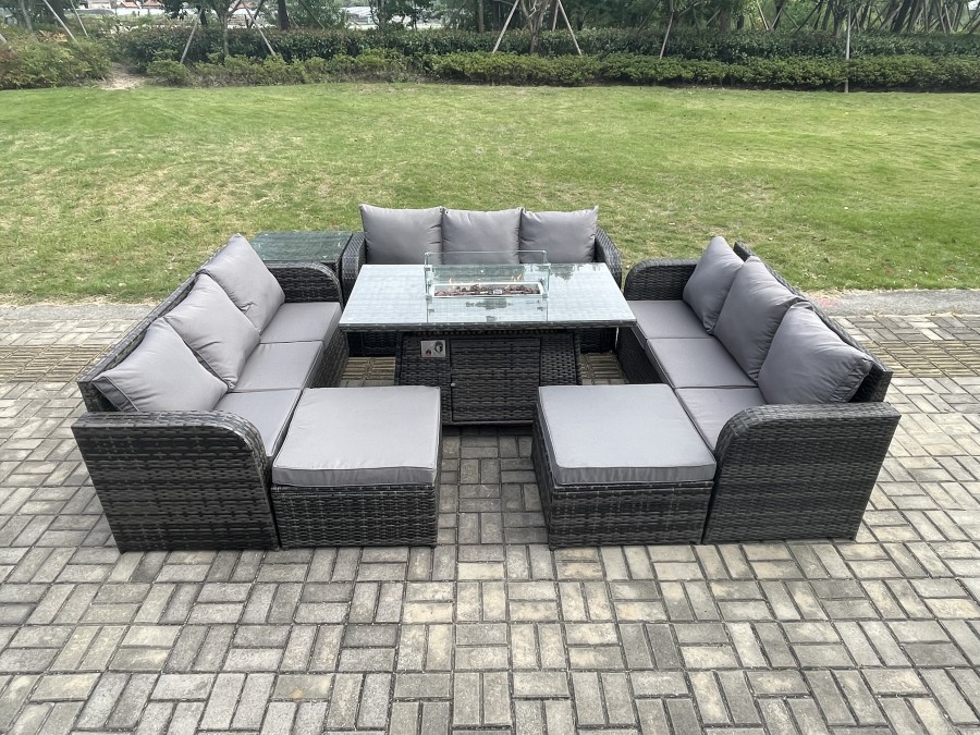 Click to view product details and reviews for Fimous Outdoor Rattan Furniture Garden Dining Set Gas Fire Pit Table With Side Table Lounge Sofa 2 Big Footstool.