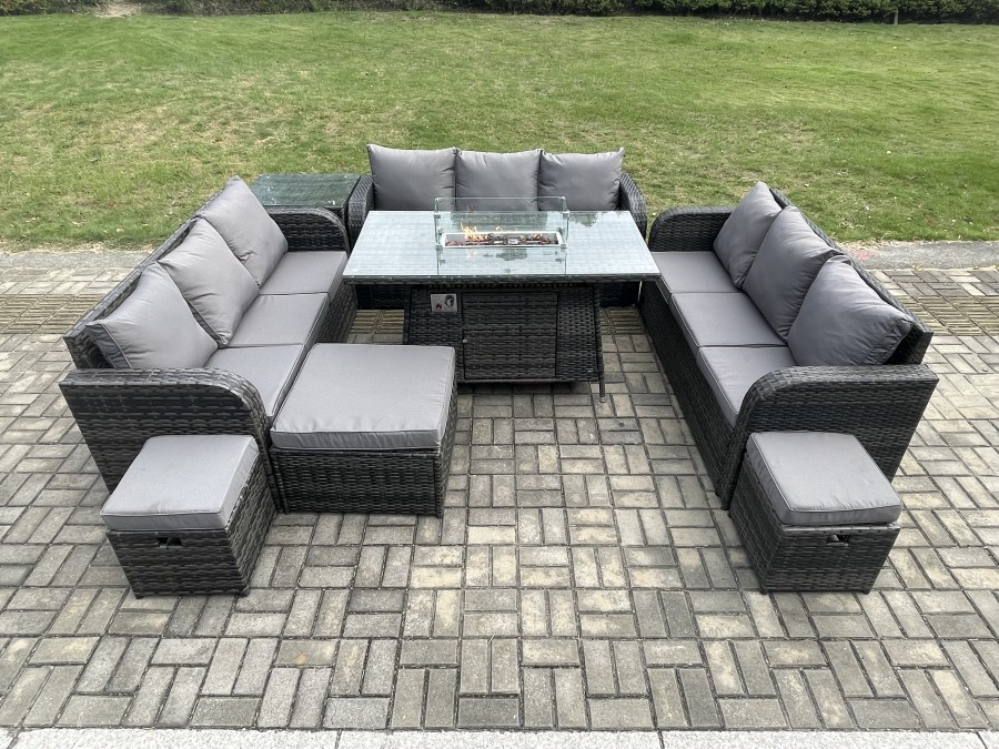 Click to view product details and reviews for Fimous Outdoor Rattan Furniture Garden Dining Set Gas Fire Pit Table With Side Table Lounge Sofa 3 Footstool.