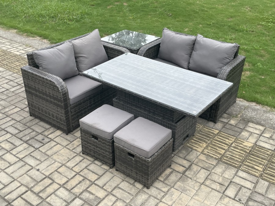 Click to view product details and reviews for Fimous Outdoor Rattan Furniture Garden Dining Set Height Adjustable Rising Lifting Table Love Sofa Set With Side Table 2 Small Footstool Dark Grey Mix.