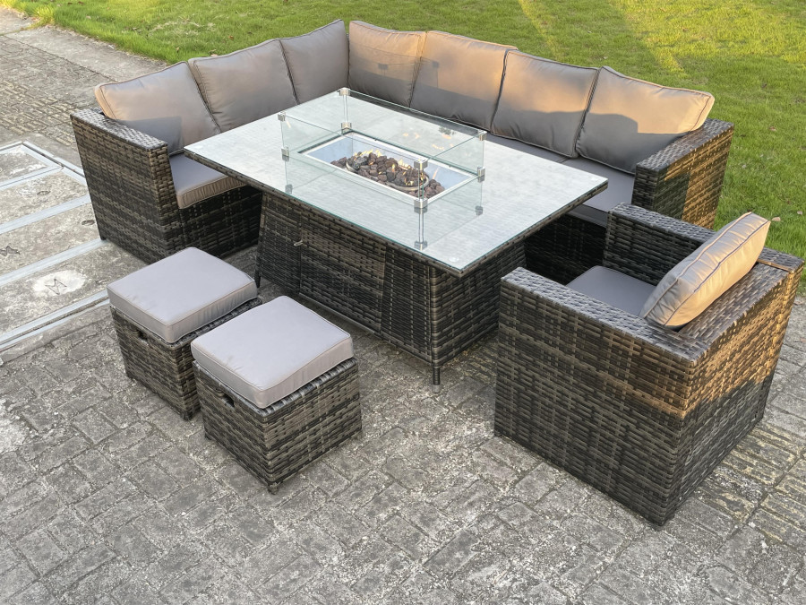 Click to view product details and reviews for Fimous Outdoor Rattan Garden Furniture Corner Sofa Gas Fire Pit Table Sets Gas Heater Lounge Small Footstools Chair Dark Grey 9 Seater.