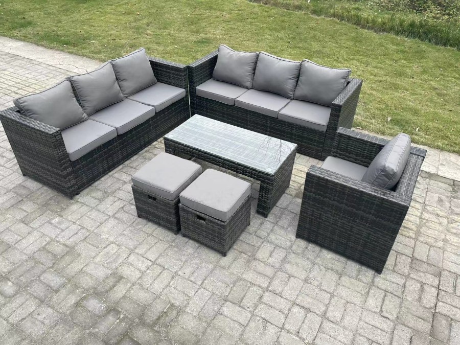 Click to view product details and reviews for Fimous Outdoor Rattan Garden Furniture Lounge Sofa Set With Oblong Rectagular Coffee Table Arm Chair 2 Stools. Click to view product details and reviews for Fimous Outdoor Rattan Garden Furniture Lounge Sofa Set With Oblong Rectagular Coffee Table Arm Chair 2 Stools.