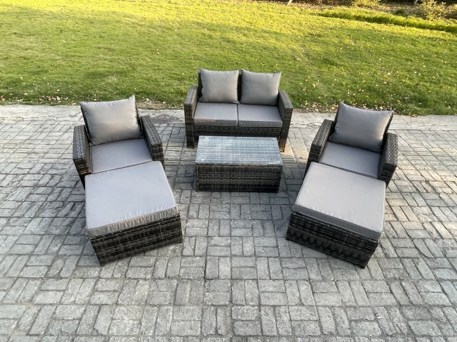 Click to view product details and reviews for Fimous Outdoor Rattan Garden Furniture Set 6 Seater Patio Lounge Sofa Set With Coffee Table 2 Big Footstool Dark Grey Mixed.